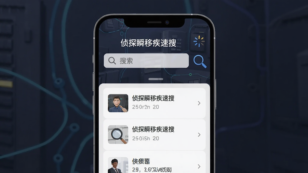 主体为一部智能手机居中放置,屏幕显示“侦探瞬移疾速搜”搜索界面,布局采用上下结构,上方为搜索框下方为结果列表,排版简洁清晰,风格为现代科技感扁平化设计,细节包括放大镜图标和加载动效,画质高清干净无多余元素