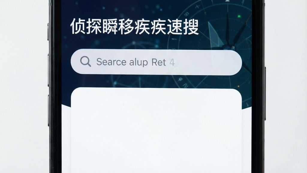 主体为手机屏幕特写,布局为居中展示,排版突出干净界面,风格为极简清新,细节包括搜索栏和空白结果区,画质高清干净无多余元素,屏幕上方显示“侦探瞬移疾速搜”名称