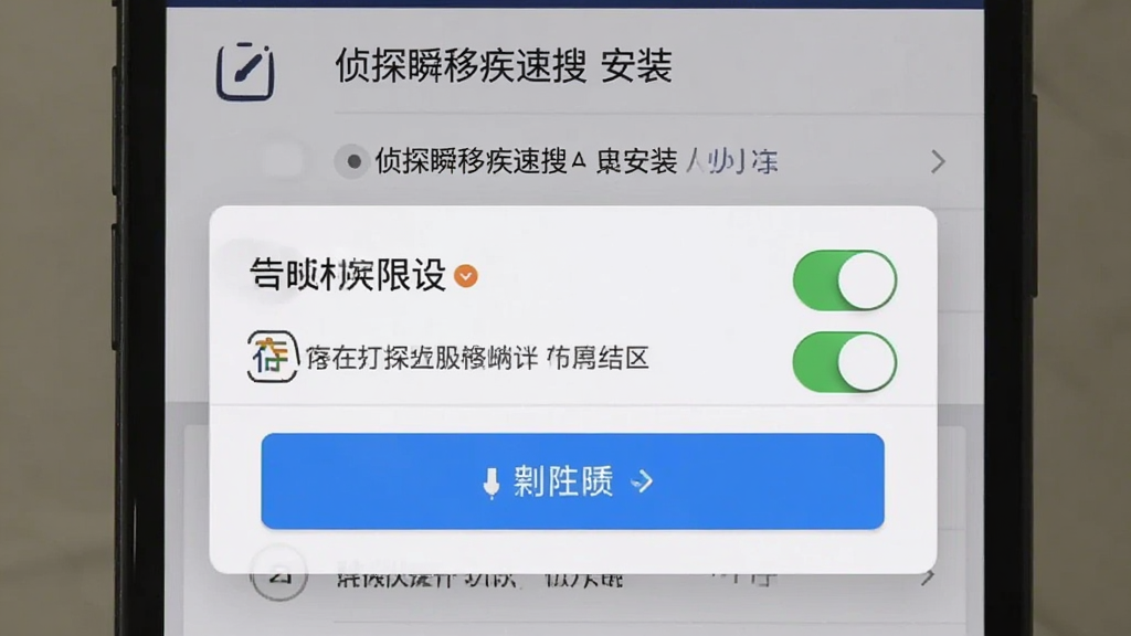 主体为手机屏幕显示“侦探瞬移疾速搜”安装界面与权限设置弹窗,布局为上下排列,排版突出权限开关,风格为实用教程截图风,细节包括允许按钮和存储权限图标,画质清晰干净无多余元素
