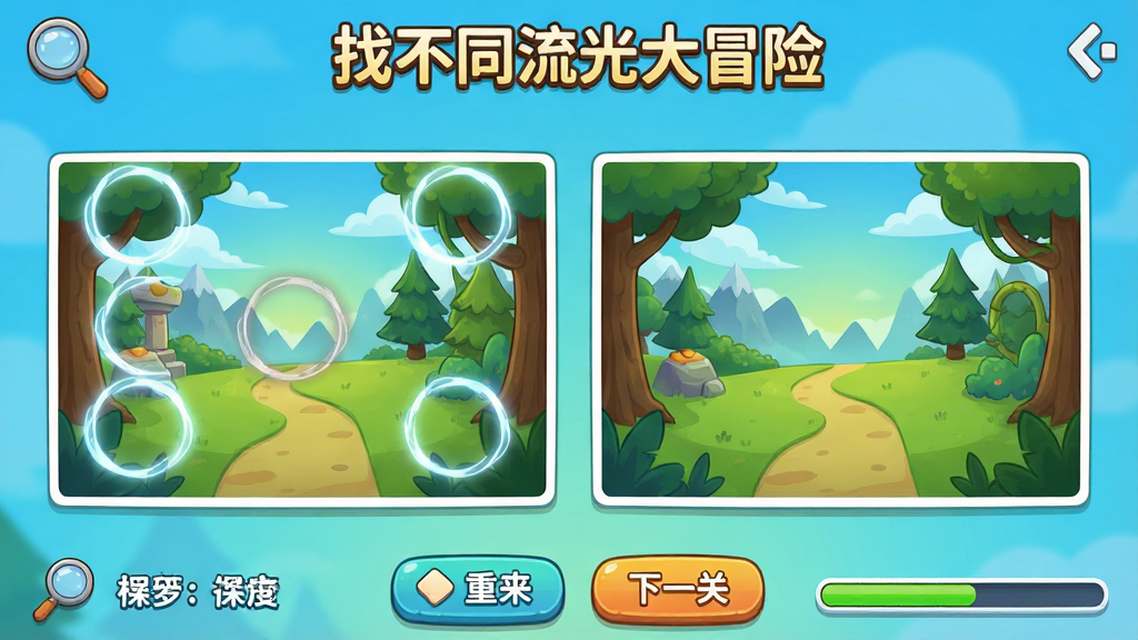 找不同流光大冒险游戏主界面,画面中央显示两幅几乎相同的卡通风景图,左侧图片中有几处细微差异被流光光晕标记,右侧图片保持原样,界面顶部有“找不同流光大冒险”标题文字,底部有提示、重来、下一关按钮,整体布局清晰,风格为明亮卡通休闲风,细节包含放大镜图标和进度条,画质高清,干净,无多余元素