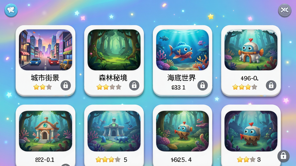 找不同流光大冒险游戏关卡选择界面,展示多个主题章节卡片,包括“城市街景”“森林秘境”“海底世界”等,每张卡片上有对应的场景缩略图和已解锁关卡数量,界面采用流光渐变背景,卡片带有圆角与轻微阴影,布局为网格排列,风格清新休闲,细节包含星星评分和锁形图标,画质高清,干净,无多余元素