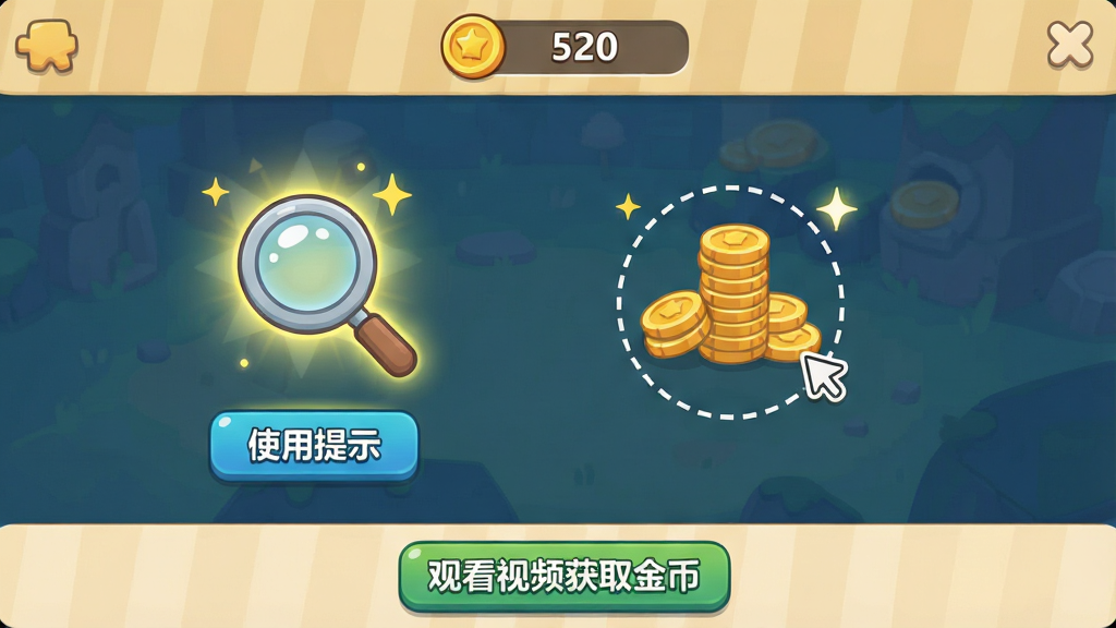 找不同流光大冒险提示道具使用界面,画面中显示一个发光的放大镜图标,旁边有“使用提示”按钮,点击后画面中一处差异被虚线圆圈标记,界面顶部显示金币数量“520”,底部有“观看视频获取金币”选项,风格为卡通扁平化,细节包含金币堆叠动画和闪烁星光,画质高清,干净,无多余元素