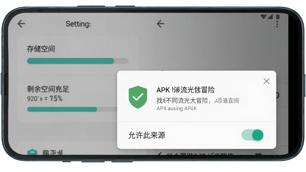 找不同流光大冒险安卓手机安装界面,手机屏幕显示APK安装权限弹窗,下方有“允许此来源”开关,背景为手机设置页面,旁边有存储空间进度条显示剩余空间充足,风格为扁平化科技风,细节包含安全盾牌图标和绿色对勾,画质高清,干净,无多余元素