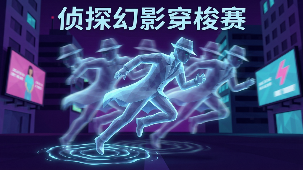 一位半透明的幻影侦探角色在霓虹楼宇间高速穿梭,身后留下三到四个渐隐的残影,主体位于画面中央,背景是深紫色与青蓝色交织的都市夜景,布局采用横向宽幅构图,排版上残影从左至右依次排列形成动感,风格为低多边形加发光特效,细节包括角色脚下的能量波纹与两侧飞退的广告牌,画质干净清晰,无多余元素,画面中可出现文字“侦探幻影穿梭赛”。