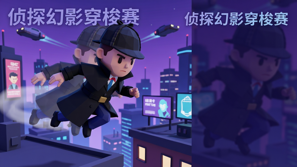 画面中央是一位身穿黑色风衣、戴着侦探帽的卡通角色,正在霓虹都市的楼顶之间飞跃穿梭,背景是紫蓝色调的赛博朋克城市夜景,主体占据画面中间偏左位置,右侧留出空白区域,布局采用竖版手机壁纸比例,排版上角色与背景形成前后层次,风格为低多边形3D渲染,细节包括角色身后的幻影拖尾、远处闪烁的广告牌与飞行器,画质清晰干净,无多余元素,画面中可出现文字“侦探幻影穿梭赛”作为标题点缀。