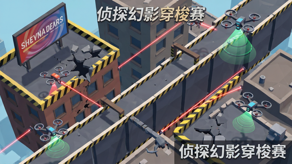 俯视视角下的都市楼顶关卡布局,画面中分布着断裂的楼顶、旋转广告牌、巡逻无人机与红色激光网格,主体是中央一条由楼顶组成的跑酷路线,布局采用斜向透视,排版上障碍物错落有致,风格为低多边形扁平渲染,细节包括楼顶边缘的警示条纹与无人机下方的扫描光锥,画质清晰干净,无多余元素,画面中可出现文字“侦探幻影穿梭赛”。