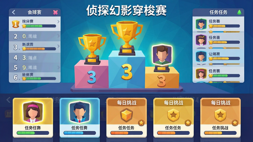 一个游戏排行榜界面插画,画面中央是前三名玩家的领奖台,周围环绕着滚动排名列表与每日挑战任务卡片,主体位于画面中心偏上,布局采用上下结构,排版上领奖台在上、任务卡片在下,风格为低多边形扁平化设计,细节包括金色奖杯、发光头像框与任务进度条,画质清晰明亮,无多余元素,画面中可出现文字“侦探幻影穿梭赛”。