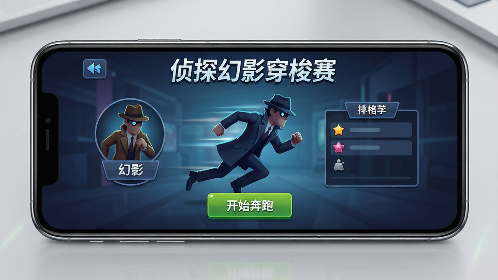一部智能手机屏幕特写,屏幕上显示侦探幻影穿梭赛的游戏主界面,界面中有开始奔跑按钮、角色展示与排行榜入口,主体是手机与屏幕内容,布局采用正面平视角度,排版上手机居中、背景为简洁的浅灰色桌面,风格为产品展示风格,细节包括手机边框的反光与屏幕上的游戏UI元素,画质清晰干净,无多余元素,画面中可出现文字“侦探幻影穿梭赛”。