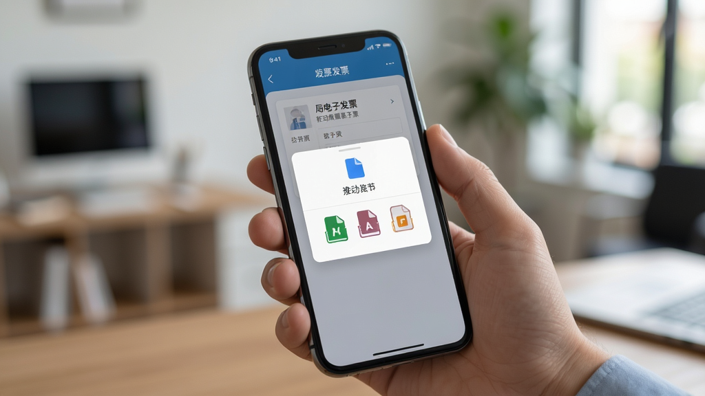 个人电子发票局移动端操作示意图,画面展示一只手握着手机,屏幕显示发票导入界面,界面中有文件选择弹窗和格式图标,背景是模糊的室内环境,风格写实自然,细节丰富,画质清晰干净