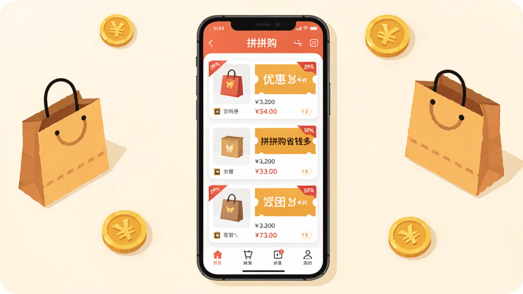 ������һ�������ֻ���Ļ����Ļ����ʾ�Ź���ʡǮ��APP���棬�����а�����Ʒ�б����Ż�ȯͼ���ƴ�ű�ǩ�����ּ���������ֻ�������ǳɫ�������룬��Χɢ���ż�����Һ͹����Ԫ�أ��Ű���жԳƣ����Ϊ��ƽ��UI�廭��ϸ�ڰ�����Ʒ��Ƭ���۸��ǩ���ۿ۽Ǳ꣬���ʸ��壬�ɾ����޶���Ԫ�أ����������ֱ�ע