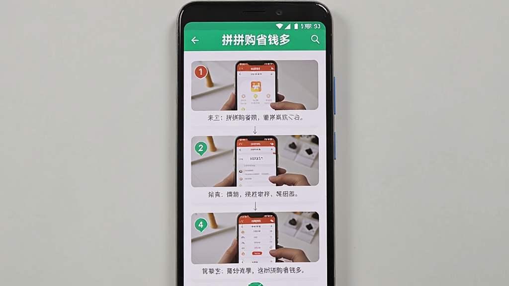 ������һ����׿�ֻ�����Ļ��ʾƴƴ��ʡǮ��APP��ʹ�ý̳�ҳ�棬���ֲ��÷ֲ���ͼ�����У��Ű���ϵ�������չ�������Ϊ���̷̳磬ϸ�ڰ���������š�������ͼ������˵�������ʸ��壬�ɾ����޶���Ԫ�أ����������ֱ�ע