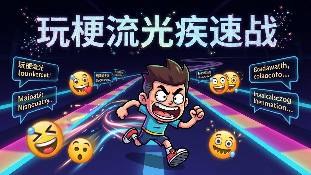 主体为一位卡通风格的角色在充满霓虹光效的赛道上极速奔跑,周围环绕着各种搞怪的表情包图标和流光拖尾特效。布局采用中心透视构图,赛道向远方延伸。排版上角色位于画面中央偏下,上方留白处用流光粒子拼出