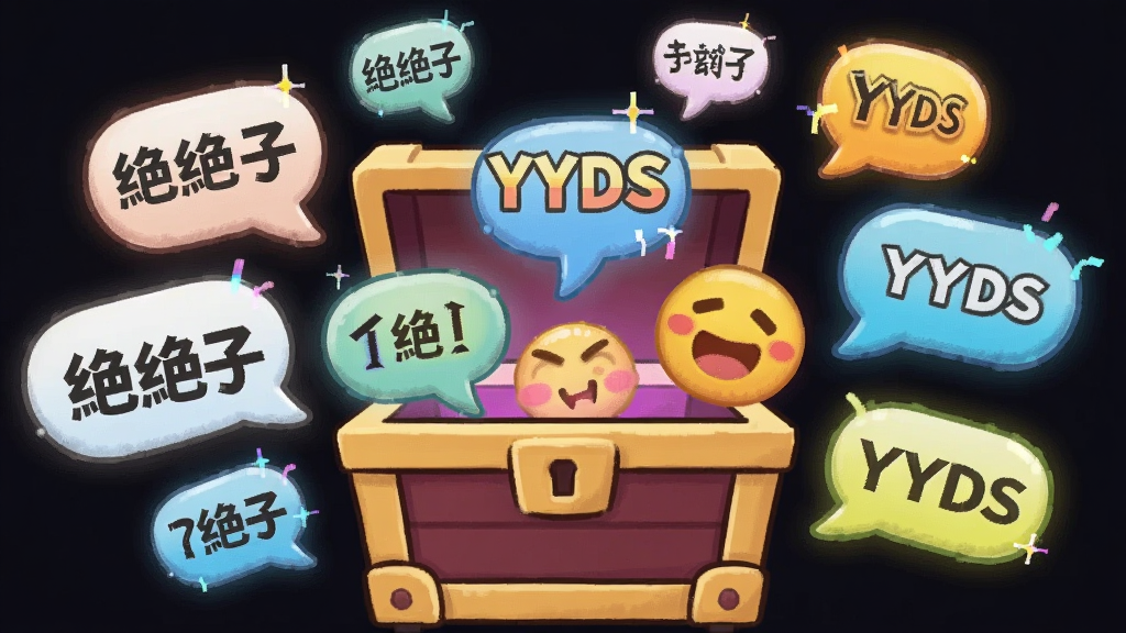 主体是一个巨大的、打开的游戏宝箱,里面飞出各种网络流行语气泡和卡通表情包。布局为宝箱居中,气泡呈放射状散开。排版上背景为深色,突出宝箱和发光的气泡。风格为Q版卡通,色彩明快。细节上气泡上的文字清晰可见,如