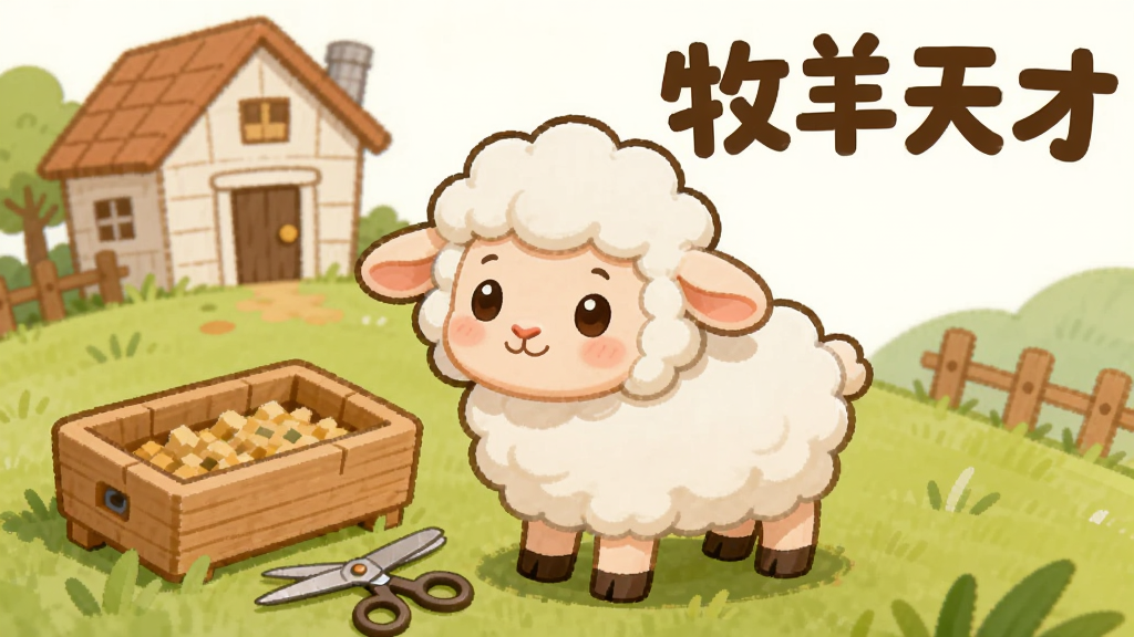 画面中一只可爱的卡通小羊站在绿色草坡上,旁边有一个木制饲料槽和一把剪刀,背景是简笔画风格的农场小屋,画面右上角用圆润字体写着“牧羊天才”,整体色调温暖柔和,主体突出,画质干净清晰,无多余元素