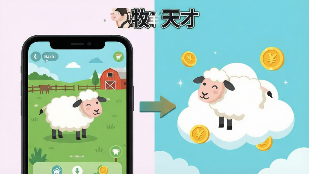 一张分屏对比图,左侧是手机屏幕显示牧场界面和一只羊,右侧是同一只羊在云端飘浮并带有金币图标,中间用箭头连接,画面顶部写着“牧羊天才”软件名称,风格扁平化,色彩清新,画质清晰,无多余元素