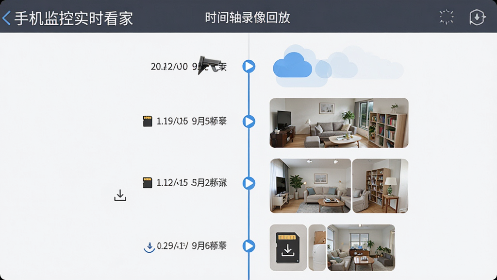 ����Ϊʱ����¼��طŽ��棬����Ϊ����ʱ���ߣ��Ű�����չʾ������Ƭ�Σ����Ϊ��Լ����磬ϸ�ڰ������Ű�ť���ƶ�ͼ�ꡢ�洢��ͼ�ꡢ���ؼ�ͷ�����ʸ��壬����ɾ����޶���Ԫ�أ�ͼƬ�����ֱ�ע���ֻ����ʵʱ���ҡ�