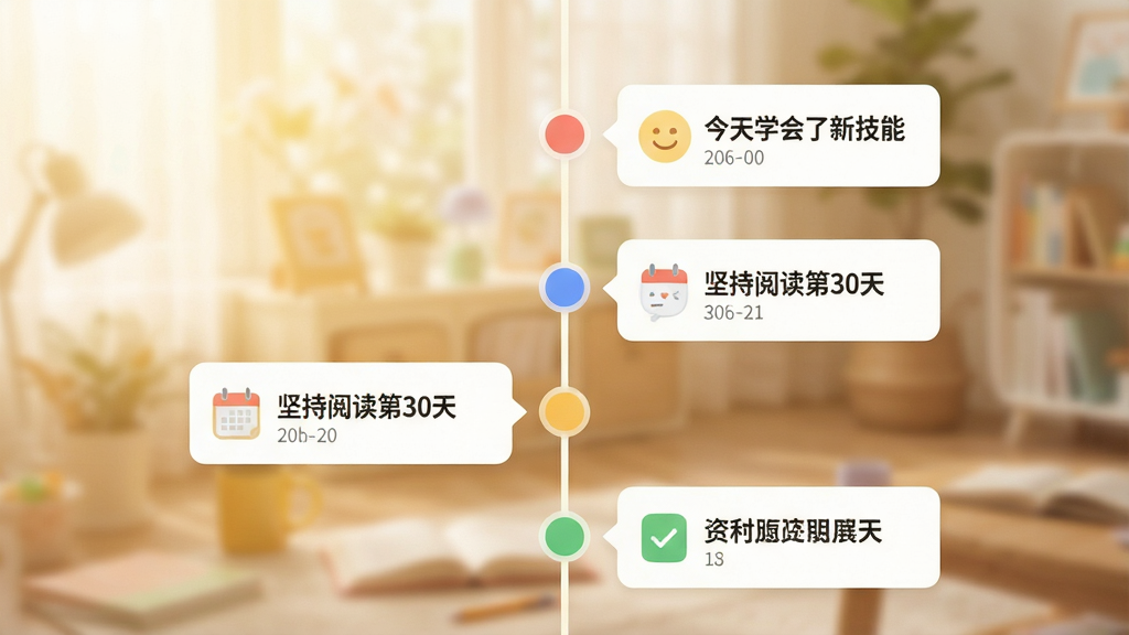 һ��չʾ���ɳ���顱Ӧ��ʱ���Ṧ�ܵĽ����ͼ����������һ����ֱ��ʱ���ߣ����Ϸֲ��Ŷ����ɫ�ڵ㣬ÿ���ڵ��Ա������ּ�¼��Ƭ����ʾ������ѧ�����¼��ܡ�������Ķ���30�족����������������ܰ�����������黯������ͻ���������������ɾ����޶���Ԫ��