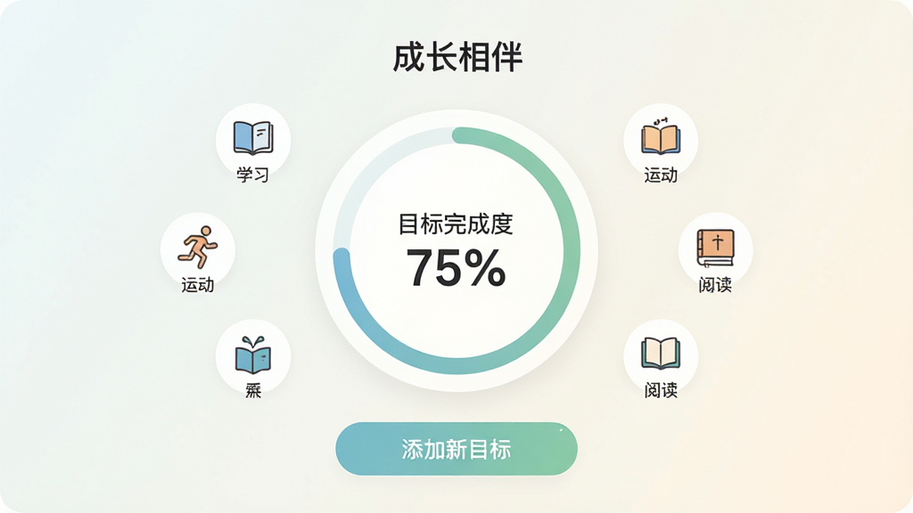 һ��չʾ���ɳ���顱Ŀ���趨���ܵĽ���ͼ������������һ��Բ�ν���������ʾ��Ŀ����ɶ�75%������Χ������ѧϰ���˶����Ķ���Сͼ�꣬�·��С�������Ŀ�ꡱ��ť���������Լ�ִ�����ɫ��ͣ������������ɾ����޶���Ԫ��