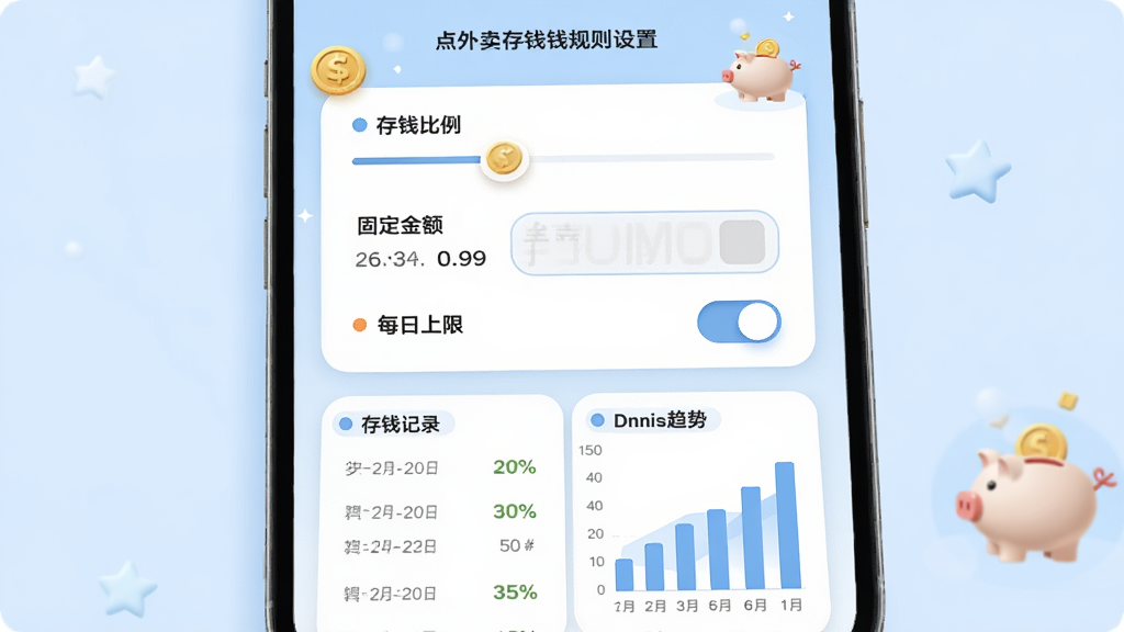 模拟点外卖存钱存钱规则设置页面,手机屏幕显示存钱比例滑块、固定金额输入框、每日上限开关,下方是存钱记录列表和柱状趋势图,界面中有金币和储蓄罐的装饰图标,背景是淡蓝色,风格为清爽的卡片式设计,细节包括百分比数字、日期标签、图表刻度,画质高清,无杂乱元素