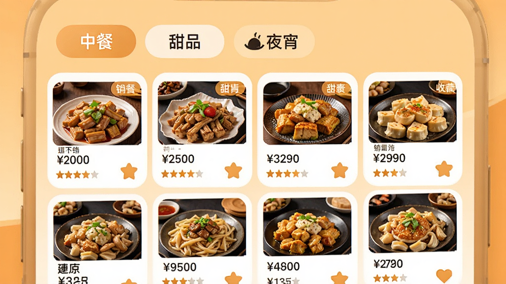 模拟点外卖存钱美食分类浏览界面,手机屏幕展示多个美食分类标签如中餐、甜品、夜宵,下方是网格排列的美食卡片,每张卡片有菜品图片、名称、价格和收藏按钮,背景是暖色调,风格为圆角卡片设计,细节包括分类图标、销量标签、星级评分,画质清晰,排版整齐,干净无多余元素