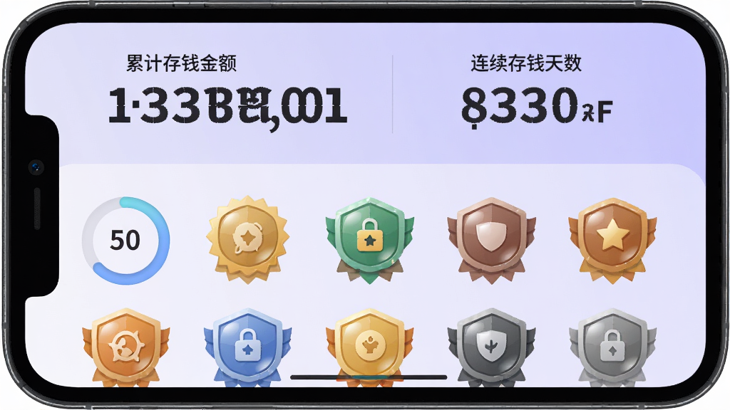 模拟点外卖存钱成就与数据统计页面,手机屏幕上半部分显示累计存钱金额大字和连续存钱天数,下半部分是成就徽章墙,有已解锁和未解锁的徽章图标,背景是淡紫色渐变,风格为扁平化插画,细节包括进度环、徽章光泽、数字字体,画质高清,布局清晰,无多余装饰