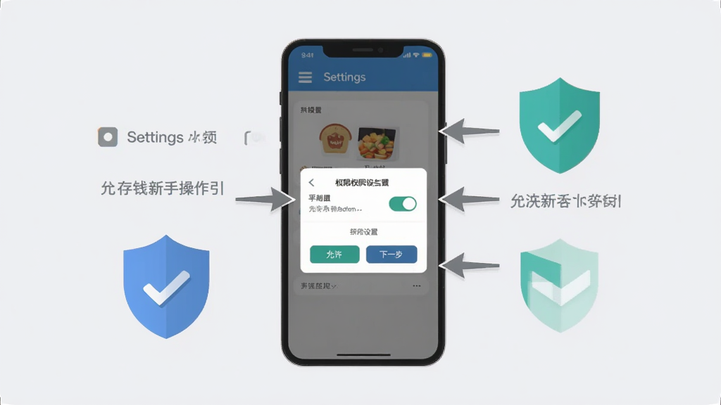 模拟点外卖存钱新手操作指引图,画面中一部手机展示安装界面和权限设置弹窗,旁边有箭头标注允许和下一步按钮,手机周围有盾牌和勾选图标表示安全,背景是淡灰色,风格为扁平化信息图,细节包括设置菜单图标、权限开关、文字标注,画质清晰干净,排版有序