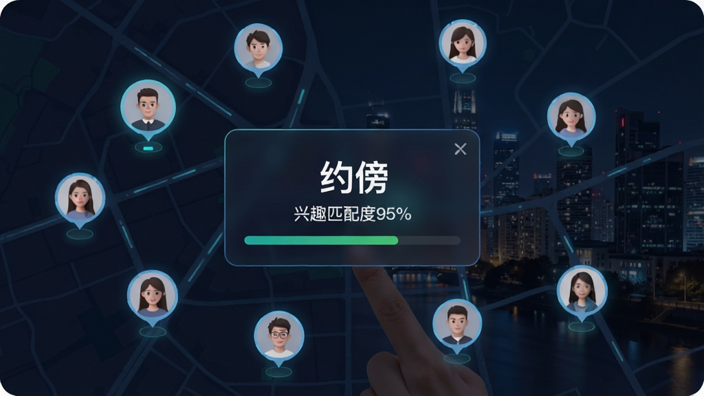 Լ��APPƥ����棬��ͼ��ɢ������û�ͷ�����ݣ��м䵯��ƥ��ɹ�������������ʾ��Լ�����롰��Ȥƥ���95%��������Ϊ����ҹ�������Ƽ��У��������������ּ��