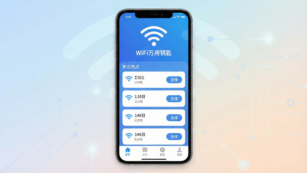 һ��չʾWiFi����Կ���ֻ�Ӧ���������Ԥ��ͼ�����������Ǽ�����ɫ���������棬����������Ŀ��WiFi�ź�ͼ��͡�WiFi����Կ�ס�������������������Ϊ�����ȵ��б���ÿ����Ŀ��ʾ�ź�ǿ�������Ӱ�ť���ײ��е����������岼�ָɾ����������Ϊ�ִ���ƽ���Ƽ�����ƣ�ϸ�ڰ�����͵Ľ��䱳����Բ��Ŀ�Ƭʽ�б������ʸ��壬����ɾ����޶���Ԫ��