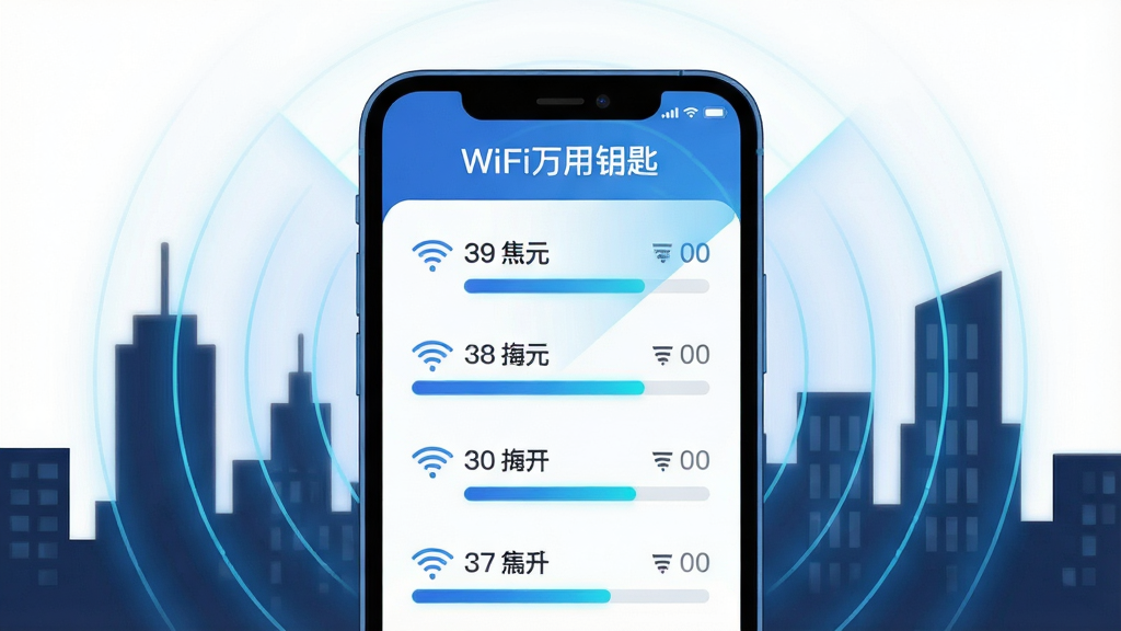 һ������WiFi����Կ���ܱ��ȵ�ɨ�蹦�ܵ�ʾ��ͼ���������ֻ���ĻΪ���ģ���Ļ����ʾ���WiFi�ȵ����ƺ��ź�ǿ��������Ļ�����״ﲨ��������ɢ��ʾɨ�跶Χ�������ǳ��н���������Ӱ�����Ϊ��Լ�Ƽ��廭�磬ϸ�ڰ�����ɫ�����κ������ġ�WiFi����Կ�ס������������֣���������������ɾ����޶���Ԫ��