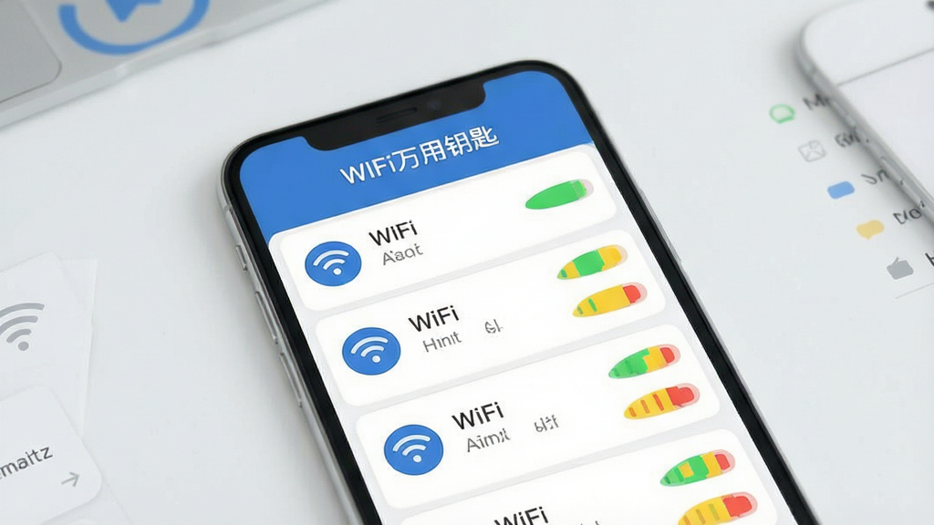 һ��չʾWiFi����Կ���ź�ǿ�ȿ��ӻ������ͼƬ���������ֻ���Ļ��ʾ���WiFi�ȵ㣬ÿ���ȵ��Ҳ����̡��ơ�����ɫ�ź�ǿ��ָʾ������Ļ�Ϸ��С�WiFi����Կ�ס����⣬����Ϊǳ��ɫ������棬���Ϊ��ˬ��ƽ��UI��ƣ�ϸ�ڰ�����͵���Ӱ��������ͼ�꣬���ʸ��壬����ɾ����޶���Ԫ��