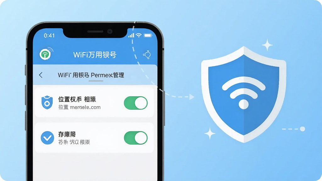 һ��չʾ�ֻ���ȫ����WiFi���ý����ʾ��ͼ���������ֻ���Ļ��ʾWiFi����Կ�׵�Ȩ�޹���ҳ�棬����λ��Ȩ�޺ʹ洢Ȩ�޵Ŀ��ذ�ť����Ļ���ж���ͼ��������ȫ����������Ϊǳ��ɫ���䣬���Ϊ����ƽ����Ϣͼ��ϸ�ڰ������������ֱ�ǩ��ͼ�꣬���ʸ��壬����ɾ����޶���Ԫ��