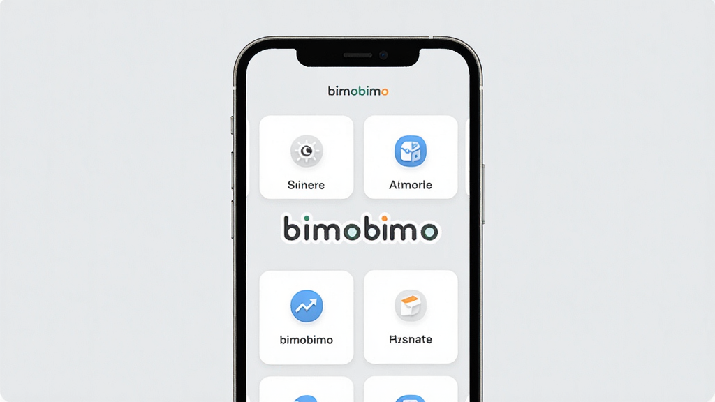 һ�� bimobimo Ӧ�ù���չʾͼ������Ϊ�ֻ���Ļ��д����Ļ��չʾ bimobimo �ļ���Ƭʽ���ܽ��棬��Ƭ�ϴ���ͼ������ֱ�ǩ������Ϊǳ��ɫ�������д��С�bimobimo�����ֱ�ʶ�����־��жԳƣ�������¼�Լ�����ʸɾ�����