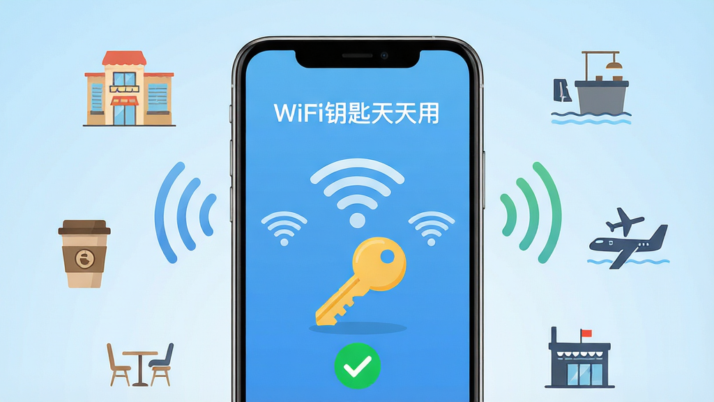 һ��չʾ�ֻ�WiFi���ӳ����Ĳ廭������������һ���ִ������ֻ�����Ļ��ʾ��WiFiԿ�������á�Ӧ�ý��棬�������ж��WiFi�ź�ͼ���һ�ѽ�ɫԿ��ͼ�����ֻ���Χ�������̳����������������ȹ��������ļ��ͼ�꣬����Ϊǳ��ɫ���䣬������±�ƽ����ϸ�ڰ����źŲ��ơ����ӳɹ�����ɫ�Թ������ʸ���ɾ����޶���Ԫ��