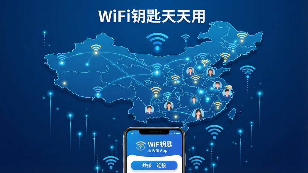һ����Ϣͼ����AI��ͼ������Ϊ��WiFiԿ�������á��ȵ㹲�����磬����������һ��������й���ͼ��������ͼ�Ϸֲ������෢���WiFi�źŵ㣬�źŵ�֮����ϸ�����ӳ����磬��ͼ�·���һ���ֻ���ʾWiFiԿ��������App���棬�������С������ȵ㡱�͡����ӡ���ť�������Ƽ�����ϸ�ڰ�������������㡢�ź�ͼ�ꡢ�û�ͷ��Сͼ�꣬���ʸ��壬�ɾ����޶���Ԫ��