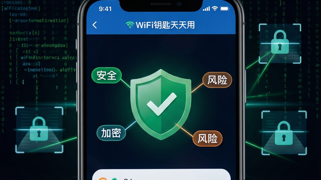 һ���ԡ�WiFiԿ�������á���ȫ��⹦��Ϊ�����AI��ͼ����������Ϊ�ֻ���Ļ��д����Ļ��ʾWiFiԿ��������App�İ�ȫ���ҳ�棬ҳ��������һ����ɫ����ͼ�꣬�������жԹ���������Χ�����š���ȫ�������ܡ������ա��ȱ�ǩ������Ϊ��ɫ�Ƽ��У�ϸ�ڰ��������ꡢɨ����ߡ�����ͼ�꣬���ʸ��壬�ɾ����޶���Ԫ��