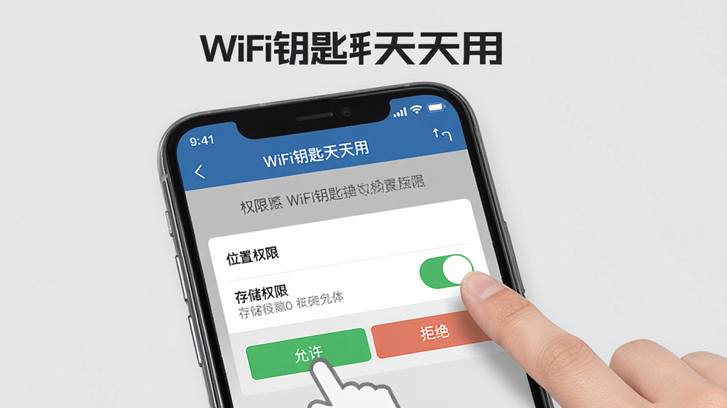 һ���ԡ�WiFiԿ�������á����ֲ���ָ��Ϊ�����AI��ͼ����������Ϊһ���ֻ���Ļ��ʾWiFiԿ��������App��Ȩ������ҳ�棬ҳ������λ��Ȩ�ޡ��洢Ȩ�޵Ŀ��ذ�ť���Ա�����ָ���������ʾ�⣬����Ϊǳ��ɫ��ϸ�ڰ��������������ܾ�����ť����ʾ���֡��ֻ�״̬��ͼ�꣬���ʸ��壬�ɾ����޶���Ԫ��