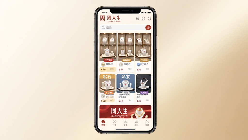 �ܴ�����չ���ֻ��˽��棬����Ϊһ�����������ֻ�����Ļ�ڳ����鱦��Ʒ����ǽ����չ����ҳ���֣�����ΪƷ�Ʊ�ʶ�����������в�Ϊ�ƽ���ʯ���ʱ�������ڣ��ײ�Ϊ�����˵�������Ϊǳ��ɫ�����Ľ𽥱䣬���߶˼�Լ��ϸ�ڰ����鱦����ͼ���۸��ǩ�������������������ɾ����޶���Ԫ��
