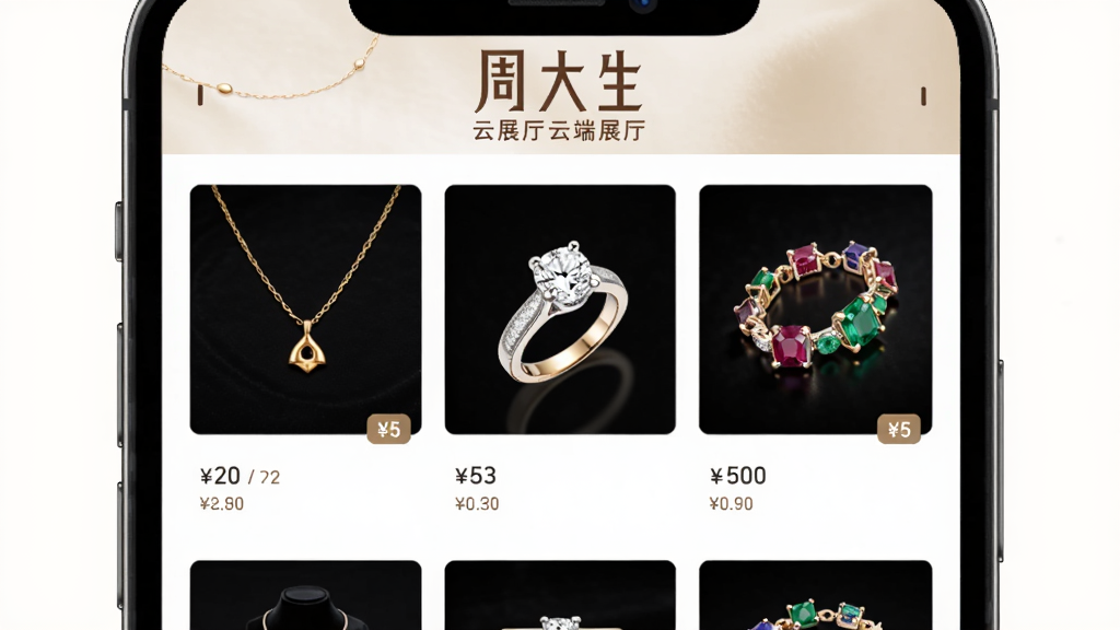 �ܴ�����չ���ƶ�չ��ҳ�棬����Ϊ�ֻ���Ļ��չʾ�鱦�������񣬲���Ϊ����Ʒ�������в�������Ʒ��Ƭ���Ű����룬������ݼ�Լ��ϸ�ڰ����ƽ���������ʯ��ָ���ʱ���������ͼ��۸��ǩ�������������ɾ����޶���Ԫ��