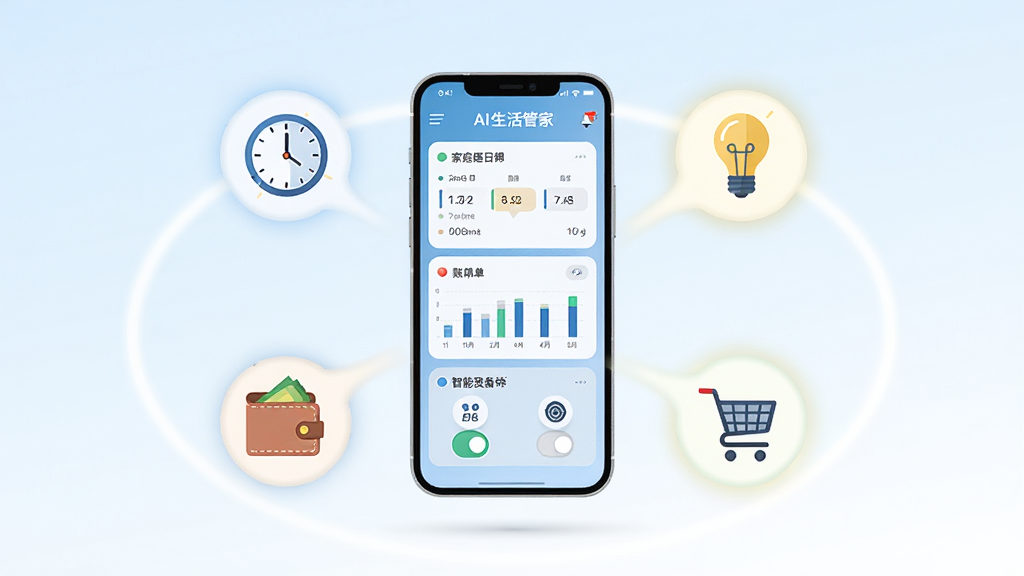 ������������һ�������ֻ�����Ļ��ʾAI����ܼ�Ӧ�ý��棬���������ͥ�ճ̡��˵�ͼ���������豸���ƿ��ء��ֻ���Χ�����ű�ƽ������ͼ�꣺ʱ�ӡ����ݡ�Ǯ�������ﳵ������͹������ӡ�����Ϊǳ������ɫ�Ľ��䣬�ɾ��������Ű���þ��жԳƹ�ͼ�����Ϊ�ִ��Ƽ���UI�廭��ϸ�ڷḻ�������������޶���Ԫ�ء�