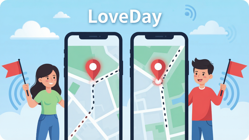 һ����LoveDayΪ�����AI��ͼ����������Ϊ������ͨ��������վ�ھ޴���ֻ���Ļ���࣬��Ļ������ʾ��ʵʱ��ͼ��������˸�Ķ�λ��㣬��Ļ�Ϸ��С�LoveDay�����������ֲ������ҶԳƹ�ͼ������Ϊ����ɫ���䣬��׺���ƶ���źŲ��ơ����Ϊ���ı�ƽ��ʸ���廭��ϸ�ڰ����������е�С���ĺ͵�ͼ�ϵ�·�����ߣ�����������ɫ�����죬����ɾ������