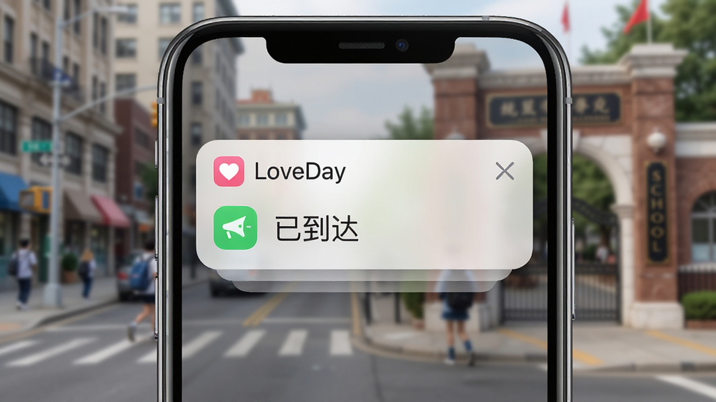 ��LoveDay��������Ϊ��е���ͼ������չʾһ���ֻ���Ļ��д����Ļ�ϵ�����LoveDay��֪ͨ��Ƭ����Ƭ����һ����ɫ�ĵ���ͼ��͡��ѵ��������������ģ���ĳ��нֵ���ѧУ���š�����Ϊ������д�����ΪдʵUI���ϸ�ڰ���֪ͨ��Ƭ��Բ����Ӱ���ֻ��߿�ķ��⣬���ʸ��壬����ɾ����޶���װ��Ԫ�ء�
