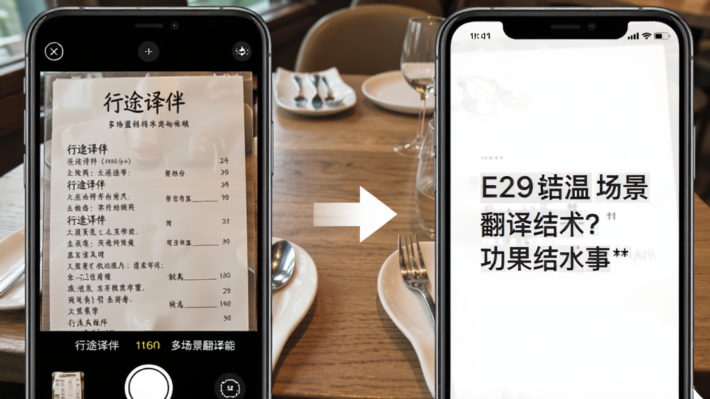 行途译伴多场景翻译功能展示图,画面左侧为手机拍摄外文菜单界面,右侧同步显示中文翻译结果,中间用箭头连接,背景为餐厅桌面场景,风格写实清新,文字清晰可辨,画质干净,无多余元素