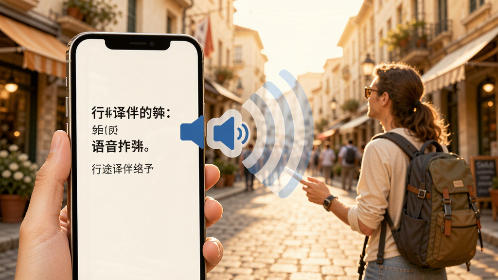 行途译伴语音播报功能示意图,画面展示手机屏幕内翻译结果旁有喇叭图标,声波从手机向外扩散,背景为旅行者在街头问路场景,风格温暖明亮,细节丰富,画质干净,无多余元素