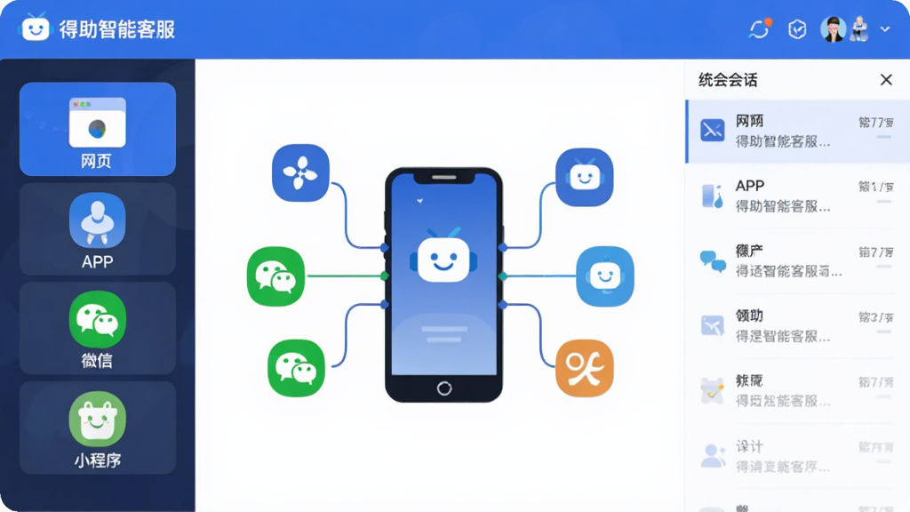 ��������Ϊ���������ܿͷ�����ͳһ����̨���棬���������ҳ��APP��΢�š�С���������ͼ�꣬�Ҳ�Ϊͳһ�Ự�б����������ͼ����������۵��м���ֻ���Ļ�ϣ�������ñ�ƽ��ͼ������ɫΪ��ɫ���Ű�Գƣ�ϸ�ڼ�࣬�����������޶���Ԫ��