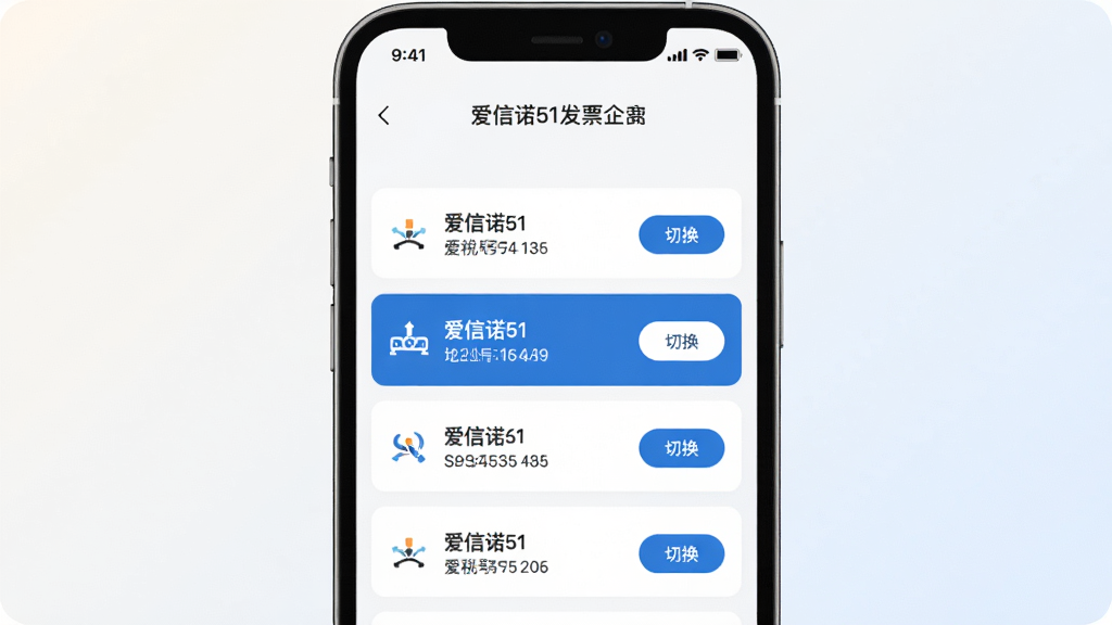 ����ŵ51��Ʊ��ҵ�л����棬�ֻ���Ļ��ʾ��ҵ�б���ÿ����ҵ����˰�ź��л���ť����ǰѡ����ҵ������ʾ������Ϊ����ǳɫ���䣬���Ϊ�ִ�����UI��ϸ�����������ʸɾ����޶���Ԫ��