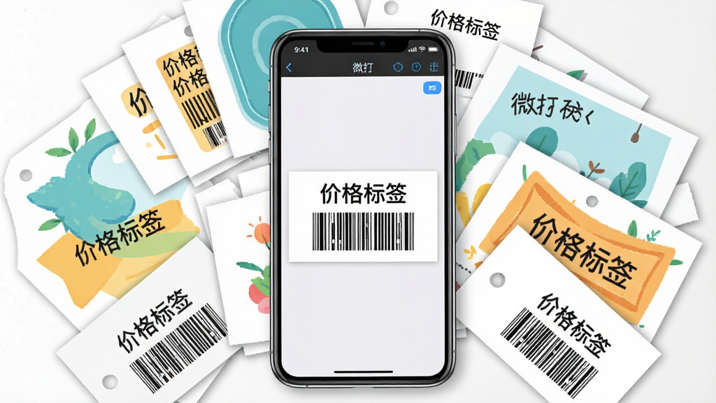 �ֻ���Ļ��ʾ��΢��ģ��༭���棬��Ļ������һ�ű�ǩģ�壬�����С��۸��ǩ�����ֺ������룬�ֻ��Ա�ɢ���ż����Ѿ���ӡ�õĲ�ͬ��ʽ��ǩ������Ϊ�ֻ����У���ǩֽ�����ֻ�������չ�������Ϊ���������ı�ƽ�廭��ϸ���ϱ�ǩֽ��Ե����΢��Ӱ����Ļ����Ԫ������������Ϊ��ɫ���棬����Ϊ����4K���ɾ��޶���Ԫ�ء�