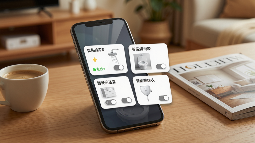 �����Ǽ�APP���豸�������棬����չʾһ���ֻ���Ļ��ͬʱ������̨�����豸�Ŀ��ƿ�Ƭ���ֱ�Ϊ������Ͱ�����ܻ���������ԡ�ҹ���������»���ÿ�ſ�Ƭ�����豸���ơ�����״̬ͼ��Ϳ�ݿ��ذ�ť���ֻ�������ľ�������ϣ��Ա���һ�����Ⱥ�һ����־������Ϊ��ܰ�Ҿӻ��������Ϊдʵ��Ʒ��Ӱ��ϸ�ڰ�����Ļ���⡢�豸ͼ����Ӱ����ť΢͹Ч�������ʸ��壬����ɾ����޶���Ԫ��