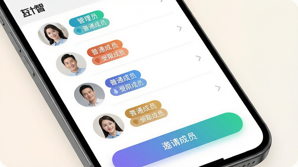 �����Ǽ�APP��ͥ��Ա�������棬����չʾ�ֻ���Ļ�ڳ�Ա�б���ÿλ��Աͷ������ʾȨ�ޱ�ǩ��