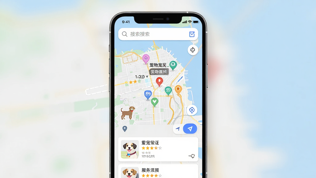 ������ܱ߷����ѯ��ͼҳ�棬����Ϊ�ֻ���Ļ��ʾ���е�ͼ�ͳ���ҽԺ��ǵ㣬����Ϊ�����ͼ���棬�Ű��Ϸ����������·��Ƿ����̼��б���Ƭ�����Ϊ�ִ���Լ��ͼUI��ϸ�ڰ�����λͼ�ꡢ�Ǽ����֡�������ť�����ʸ��壬�ɾ����޶���Ԫ��