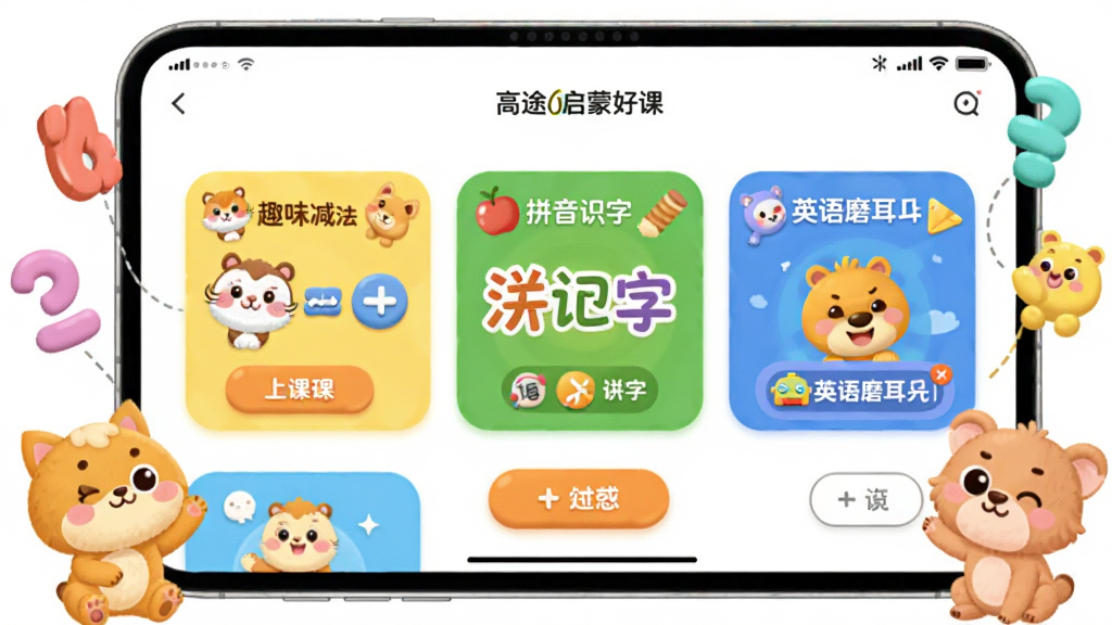 ����������һ̨�򿪵ĸ�;���ɺÿ�App���棬������չʾ��ɫ�����޵Ķ�ͯ���ɿγ̿�Ƭ������Ȥζ������ƴ��ʶ�ֺ�Ӣ��ĥ����ģ�飬��Χ�����ſ�ͨС��������ַ��ţ����岼��Ϊ�����Ű棬���Ϊ��ƽ����ͨ�廭��ϸ����ͻ���γ�ͼ��ͻ�����ť��Բ���ʸУ������������ɾ��������޶���Ԫ�ء�